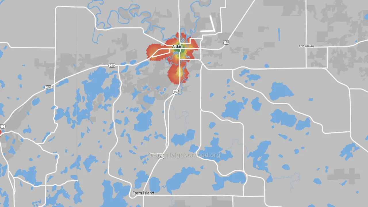 Walk Grade map of Aitkin, MN, walkable areas in green and car-dependent areas in red