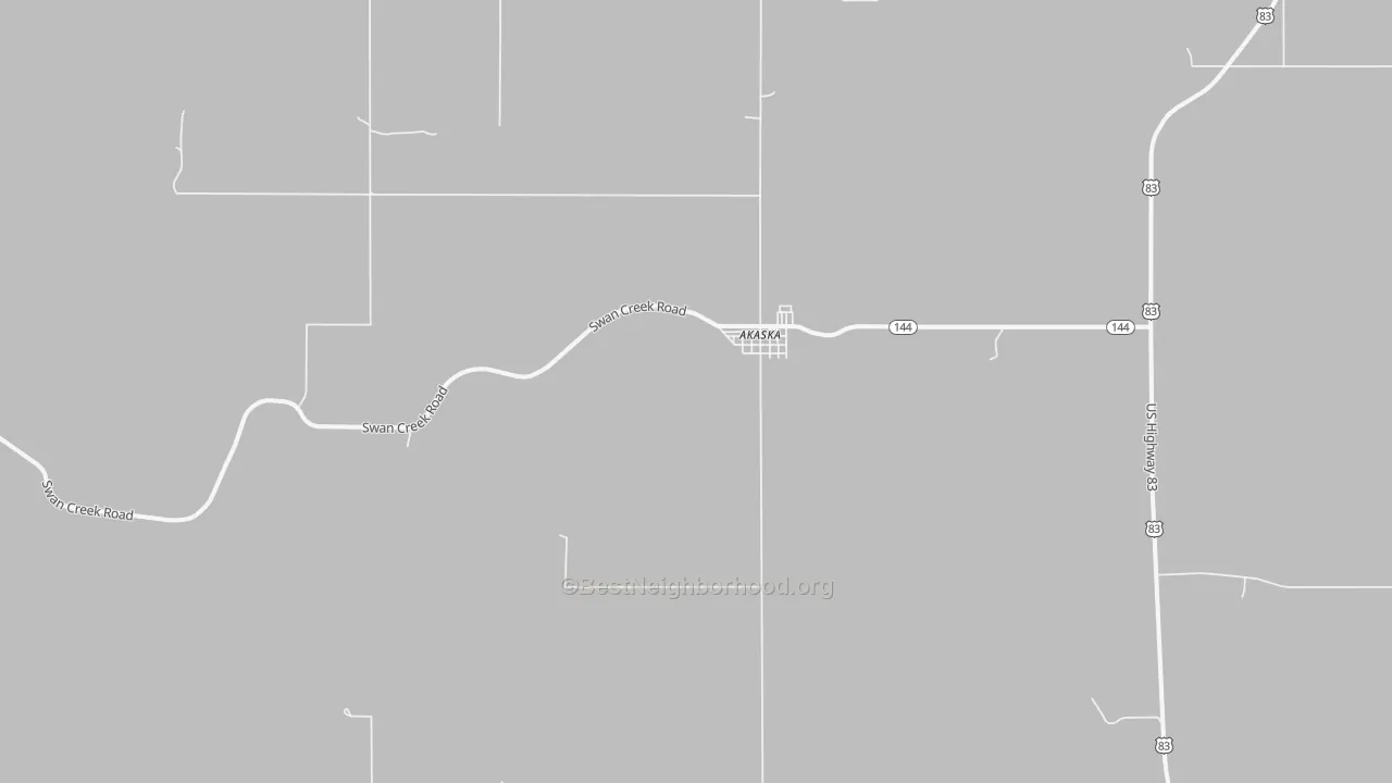 Walk Grade map of Akaska, SD, walkable areas in green and car-dependent areas in red