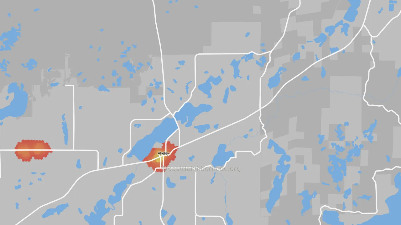 Walk Grade map of Akeley, MN, walkable areas in green and car-dependent areas in red