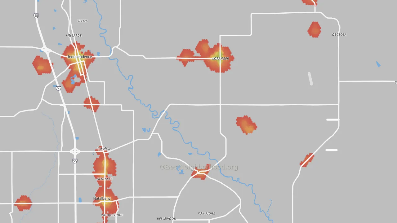 Walk Grade map of Akers, LA, walkable areas in green and car-dependent areas in red