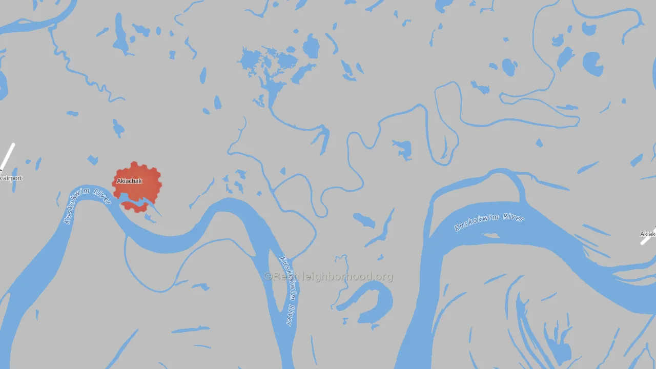 Walk Grade map of Akiachak, AK, walkable areas in green and car-dependent areas in red