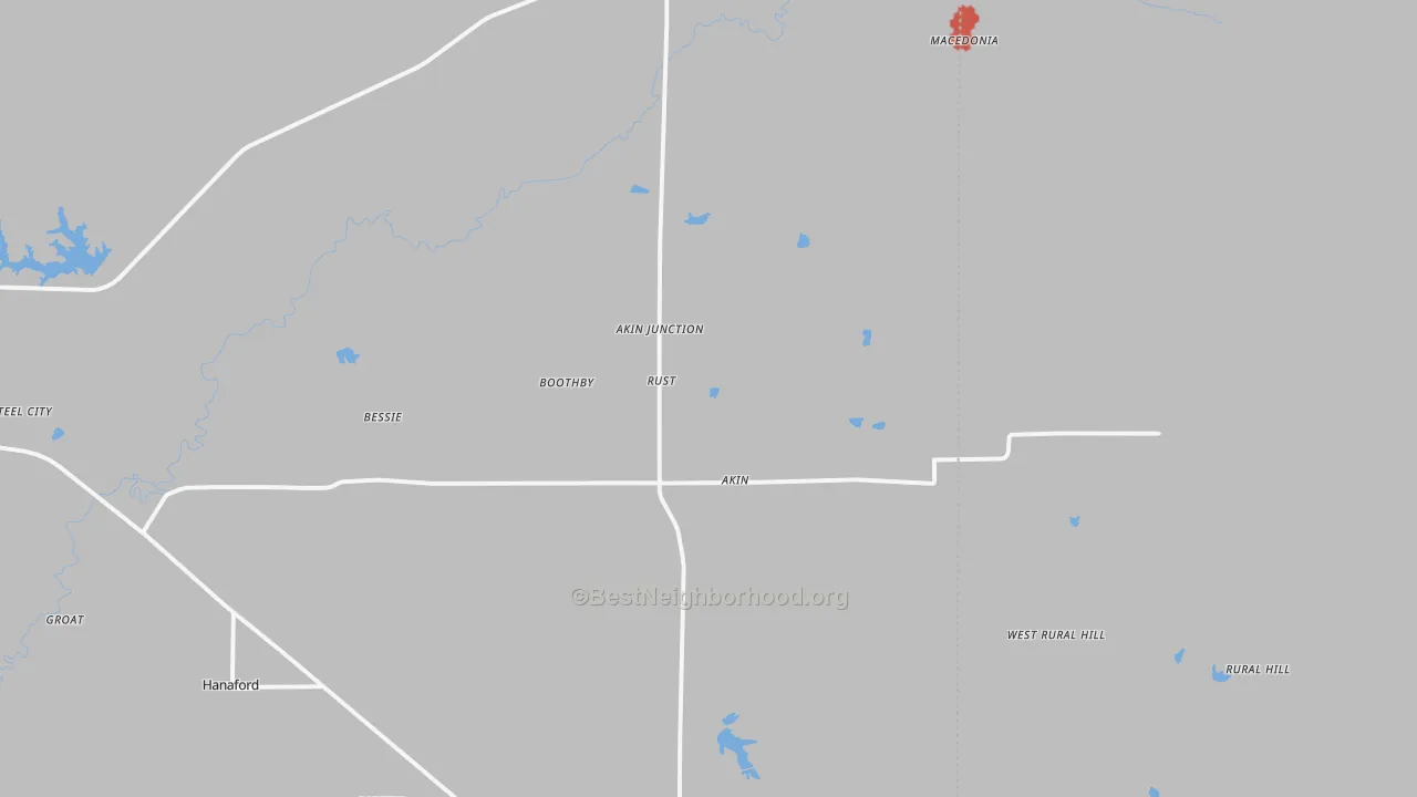 Walk Grade map of Akin, IL, walkable areas in green and car-dependent areas in red