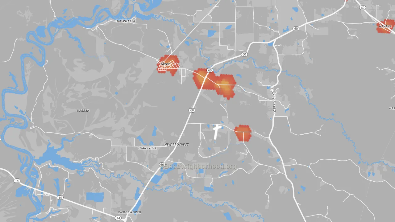 Walk Grade map of Akron, AL, walkable areas in green and car-dependent areas in red