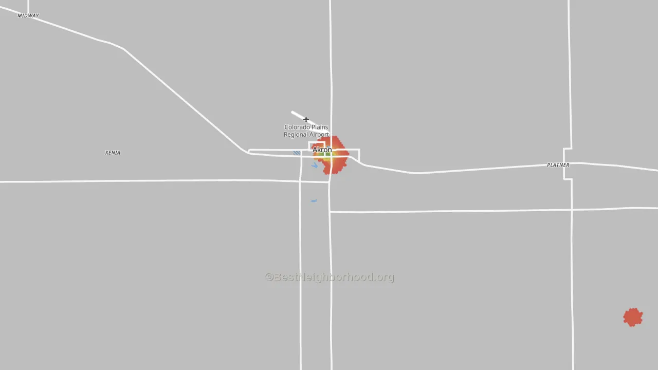 Walk Grade map of Akron, CO, walkable areas in green and car-dependent areas in red