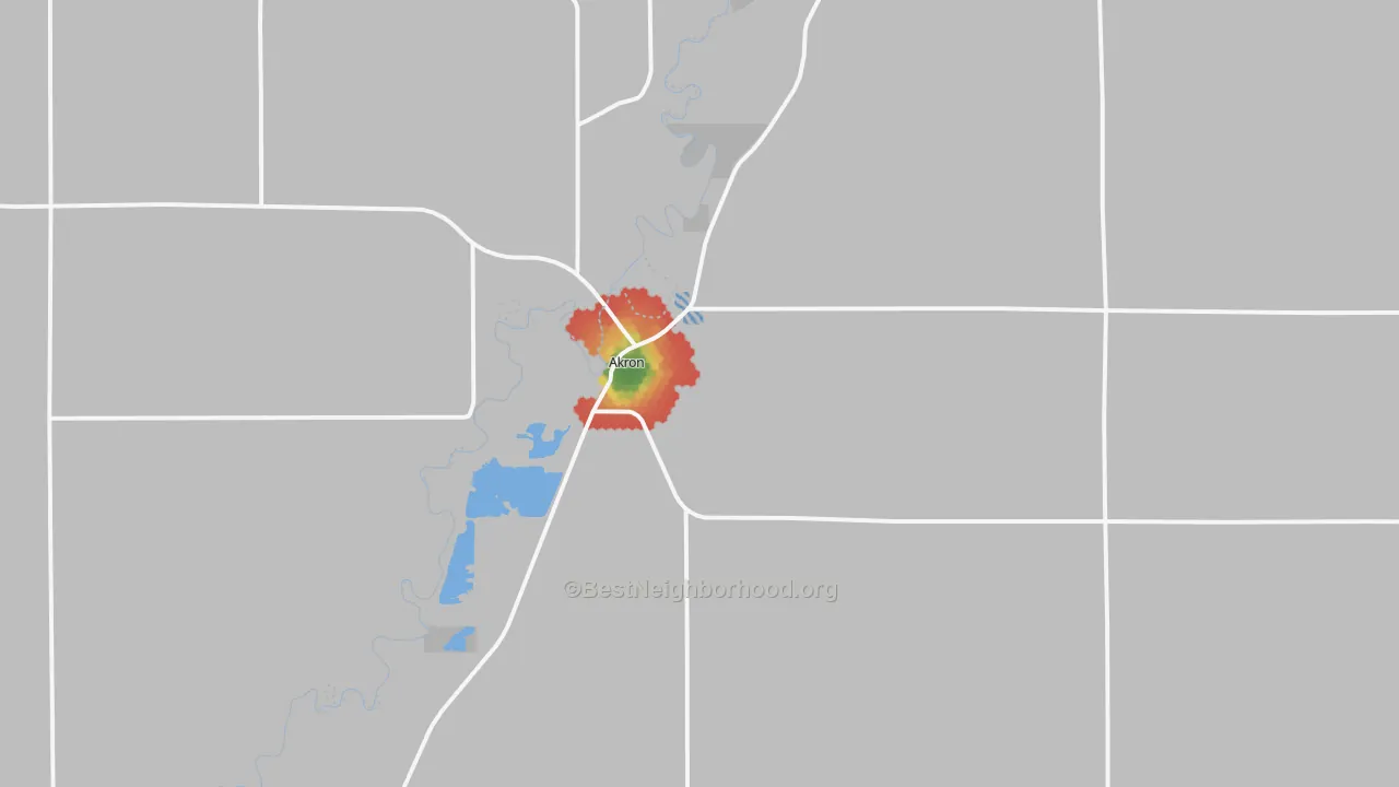 Walk Grade map of Akron, IA, walkable areas in green and car-dependent areas in red