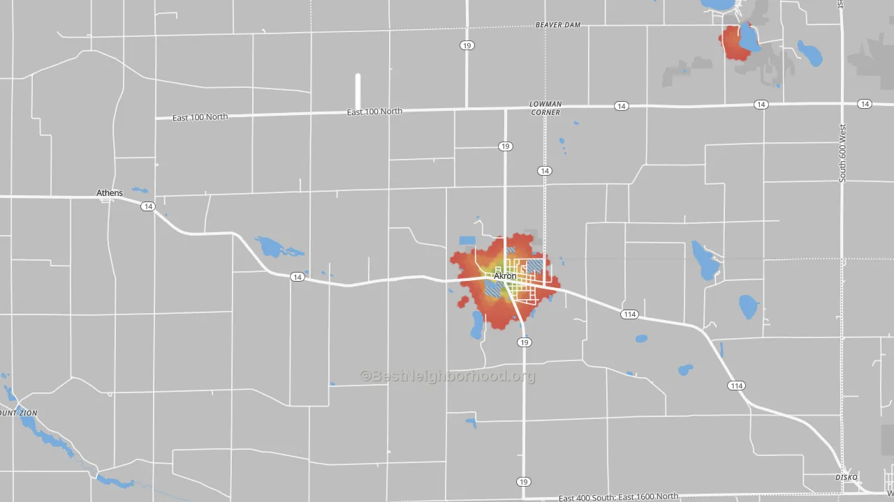 Walk Grade map of Akron, IN, walkable areas in green and car-dependent areas in red