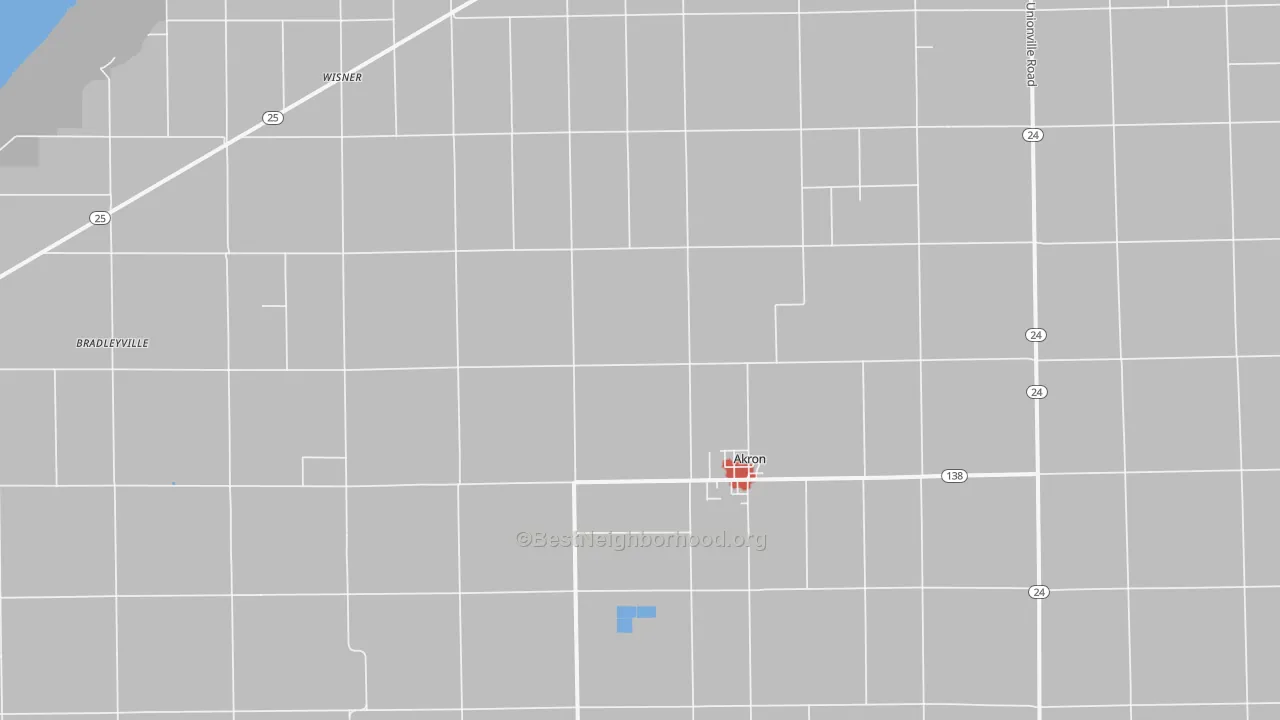 Walk Grade map of Akron, MI, walkable areas in green and car-dependent areas in red