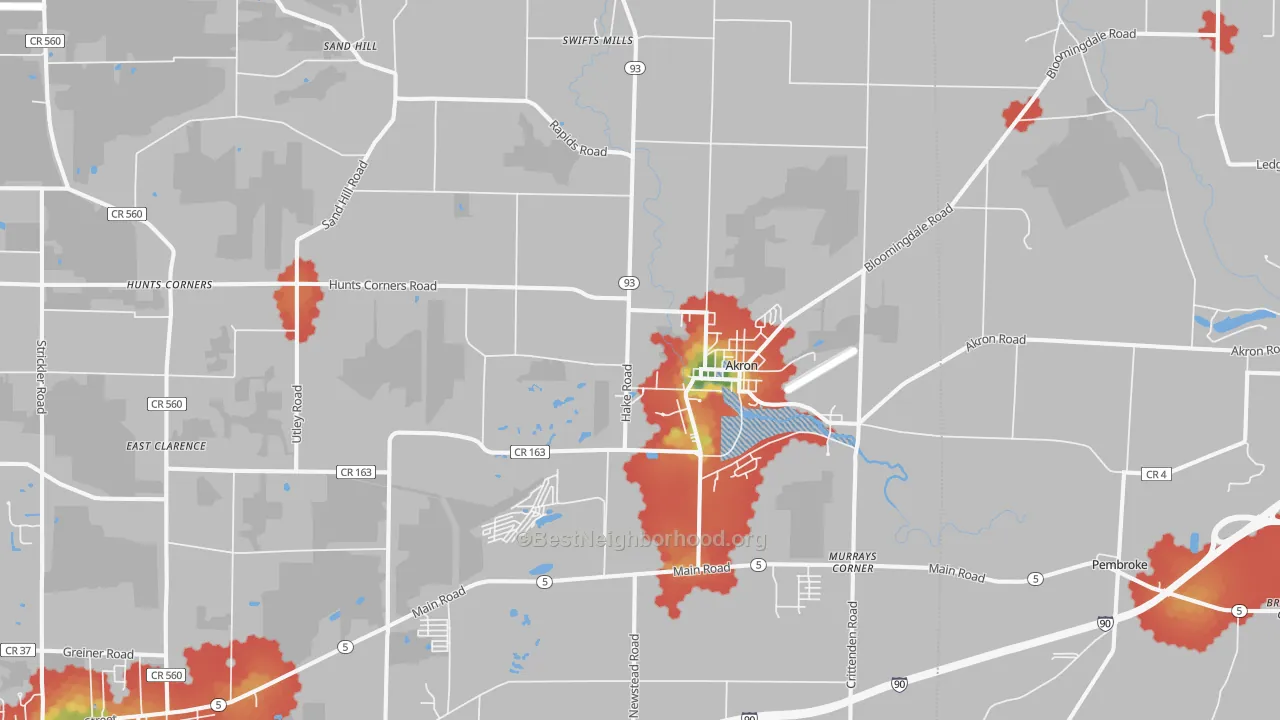 Walk Grade map of Akron, NY, walkable areas in green and car-dependent areas in red