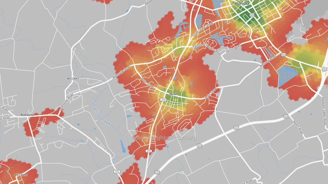 Walk Grade map of Akron, PA, walkable areas in green and car-dependent areas in red