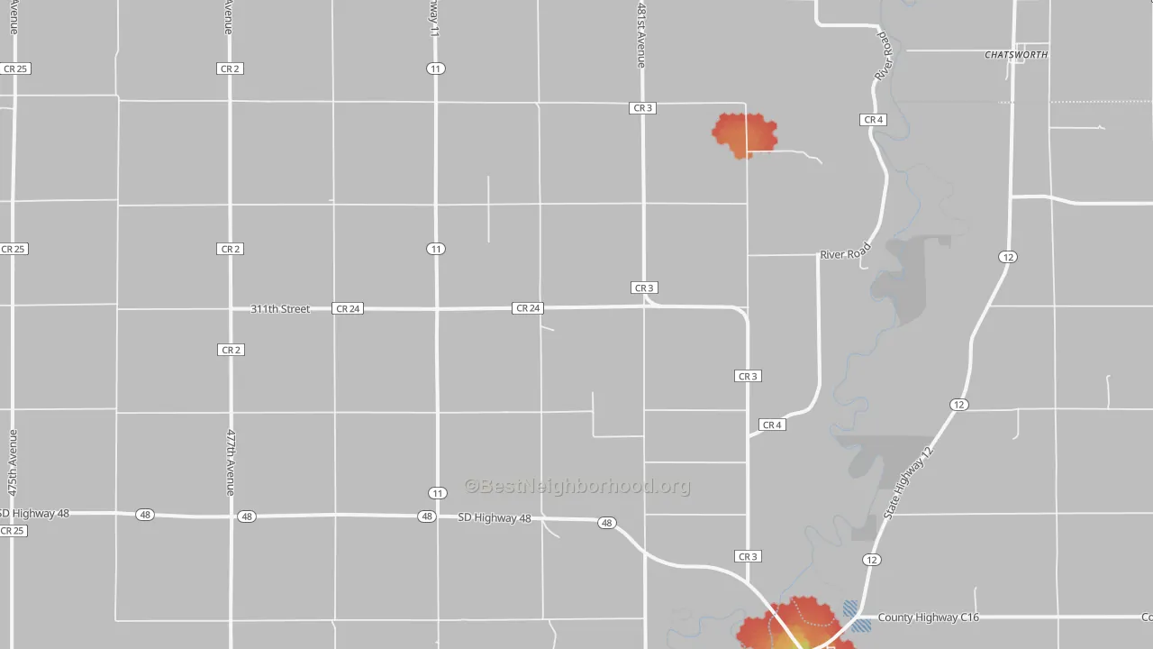 Walk Grade map of Akron, SD, walkable areas in green and car-dependent areas in red