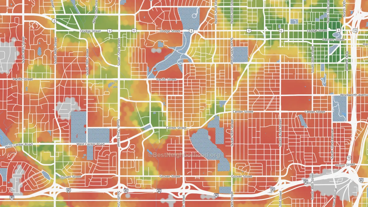 Walk Grade map of Aksarben-Elmwood Park, Omaha, NE, walkable areas in green and car-dependent areas in red