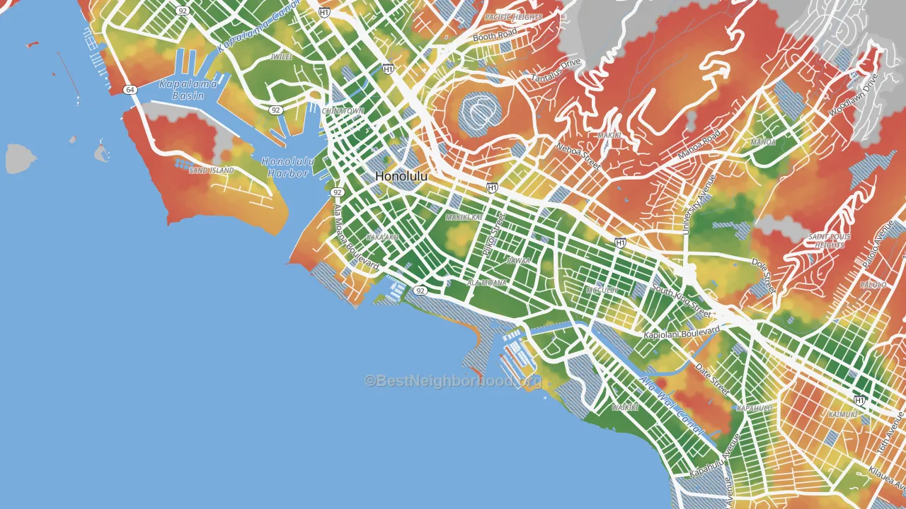 Walk Grade map of Ala Moana-Kakaako, Honolulu, HI, walkable areas in green and car-dependent areas in red