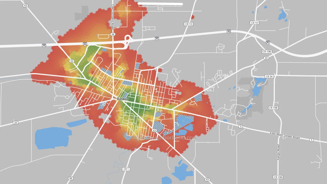 Walk Grade map of Alabama, NY, walkable areas in green and car-dependent areas in red