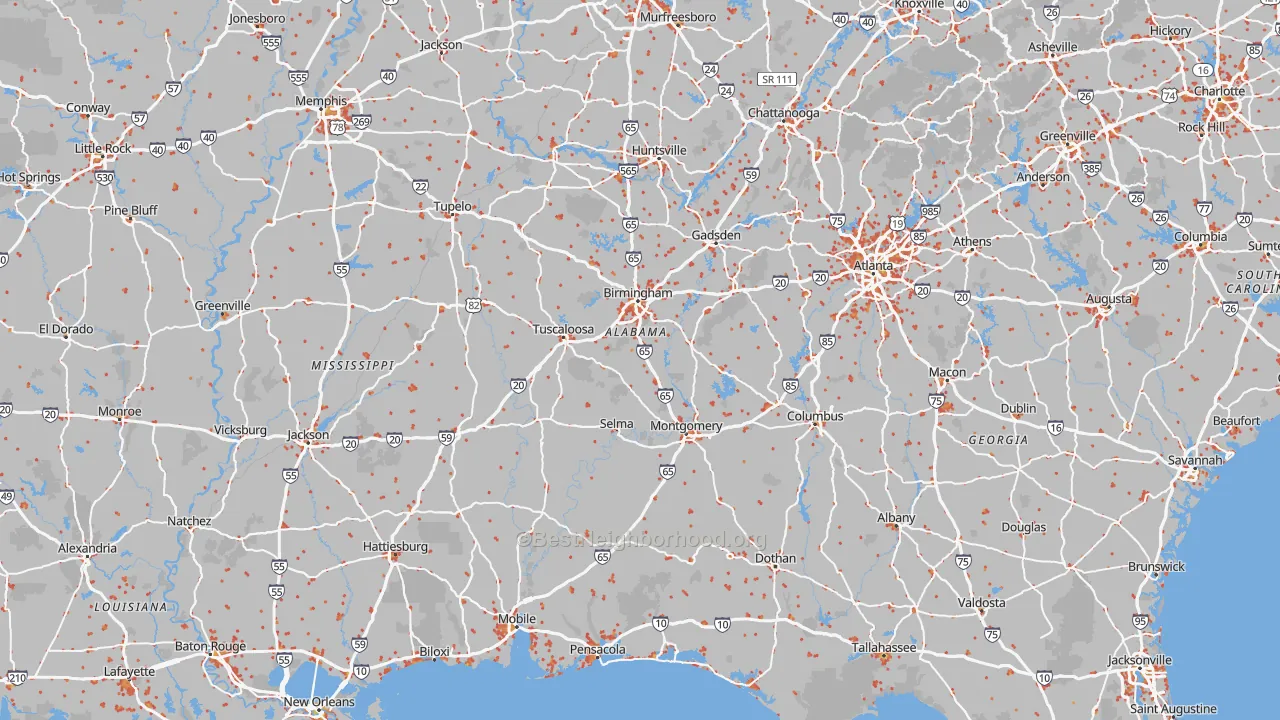 Walk Grade map of Alabama, walkable areas in green and car-dependent areas in red