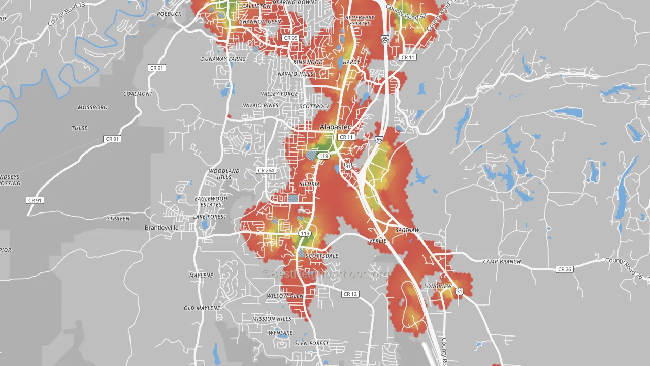 Walk Grade map of Alabaster, AL, walkable areas in green and car-dependent areas in red