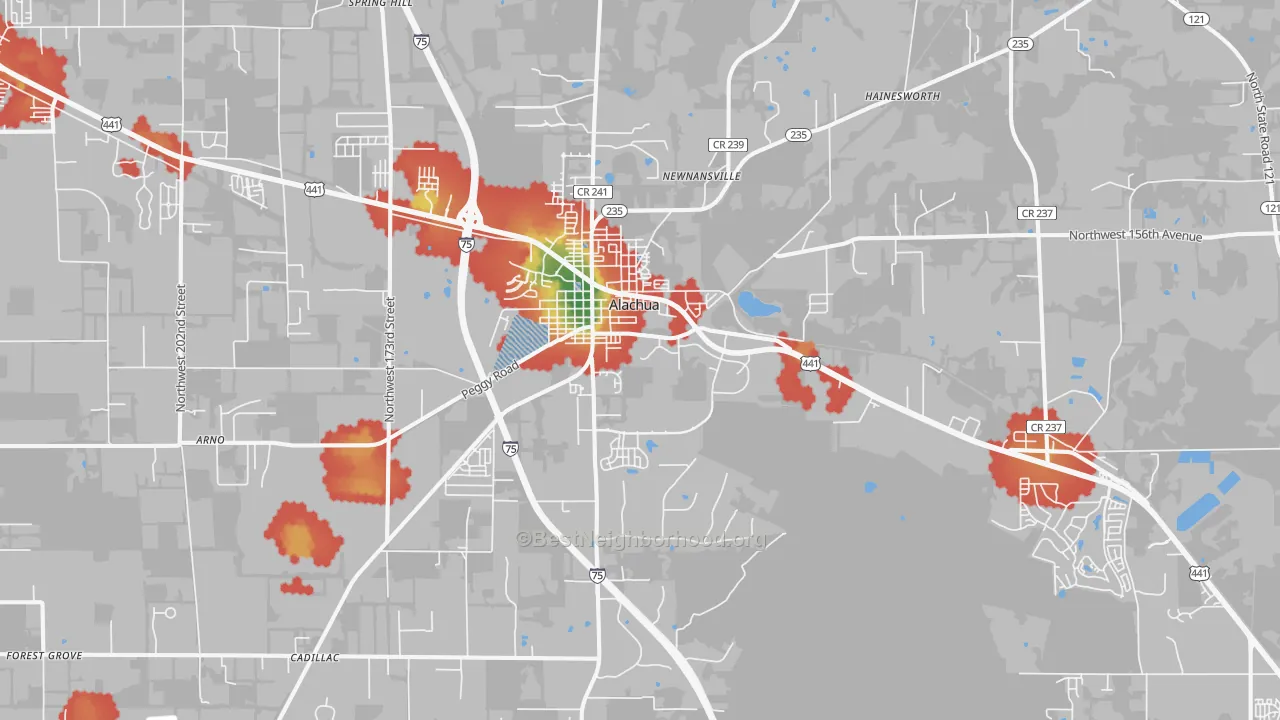 Walk Grade map of Alachua, FL, walkable areas in green and car-dependent areas in red