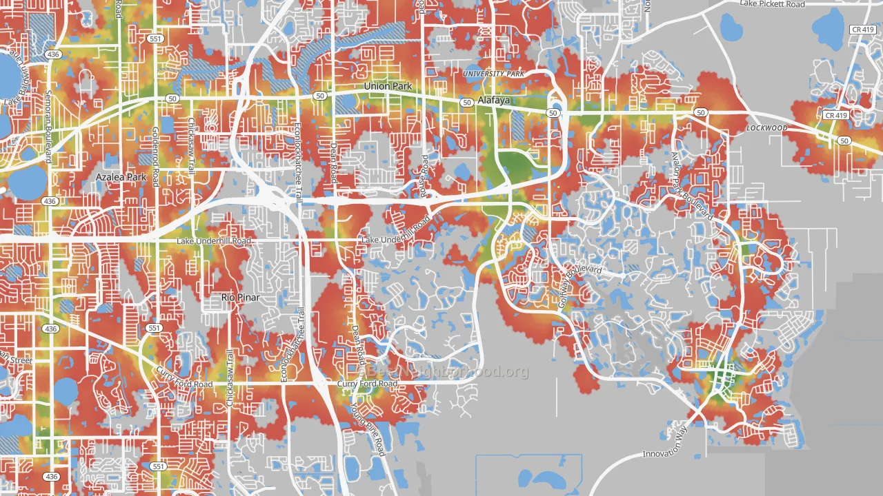 Walk Grade map of Alafaya, FL, walkable areas in green and car-dependent areas in red