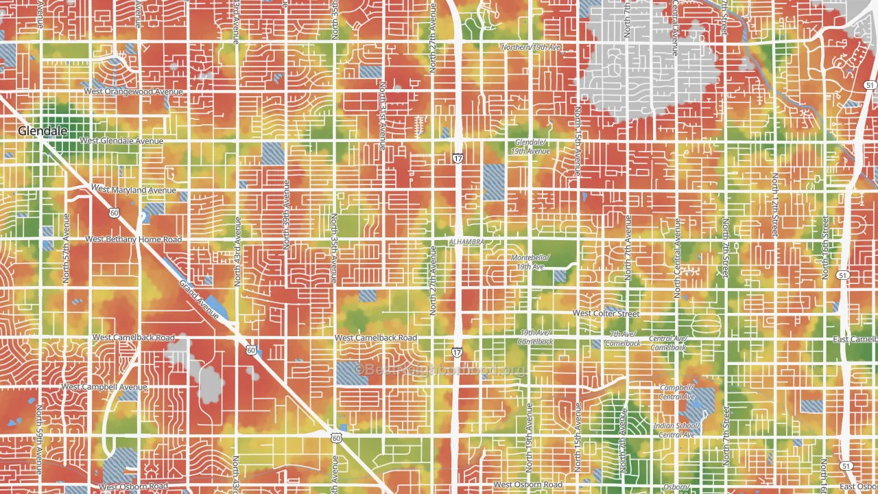 Walk Grade map of Alahambra, Phoenix, AZ, walkable areas in green and car-dependent areas in red