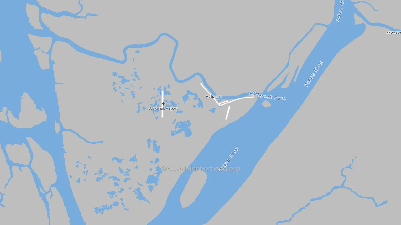 Walk Grade map of Alakanuk, AK, walkable areas in green and car-dependent areas in red