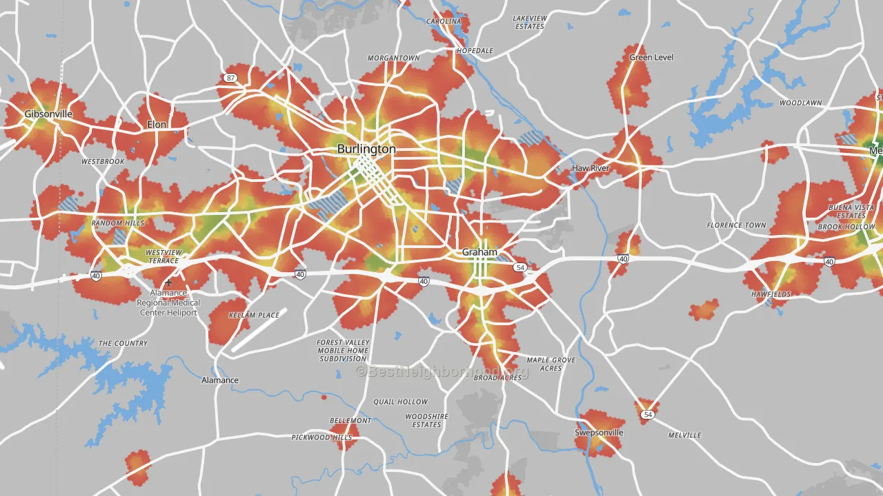 Walk Grade map of Alamance County, NC, walkable areas in green and car-dependent areas in red