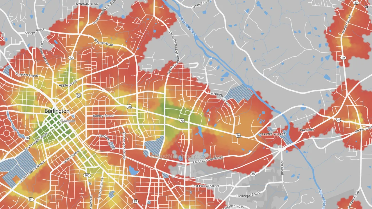 Walk Grade map of Alamance Hills, Burlington, NC, walkable areas in green and car-dependent areas in red