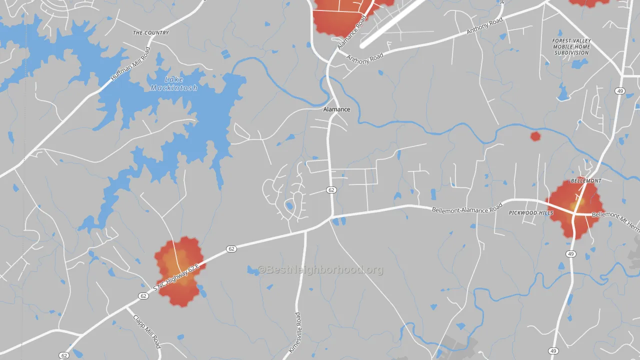 Walk Grade map of Alamance, NC, walkable areas in green and car-dependent areas in red