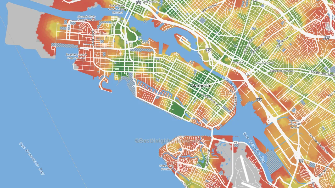Walk Grade map of Alameda, CA, walkable areas in green and car-dependent areas in red