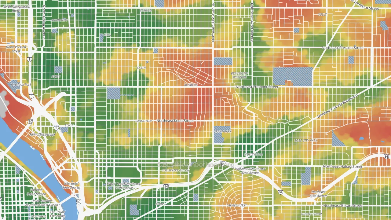 Walk Grade map of Alameda, Portland, OR, walkable areas in green and car-dependent areas in red