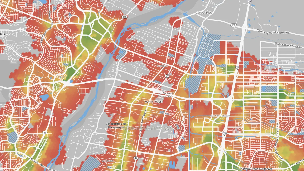 Walk Grade map of Alamedan Valley, North Valley, NM, walkable areas in green and car-dependent areas in red