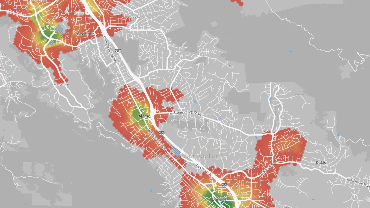 Walk Grade map of Alamo, CA, walkable areas in green and car-dependent areas in red