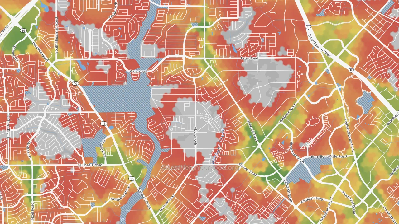 Walk Grade map of Alamo Farmsteads-Babcock Road, San Antonio, TX, walkable areas in green and car-dependent areas in red