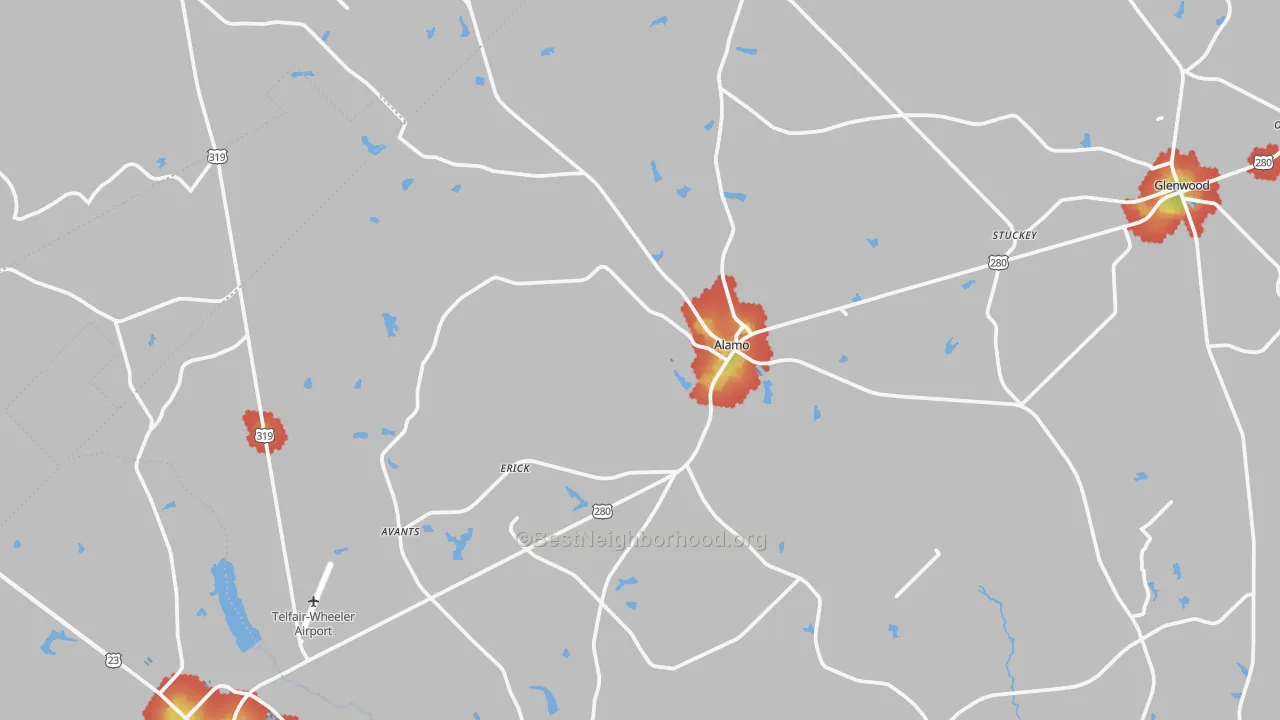 Walk Grade map of Alamo, GA, walkable areas in green and car-dependent areas in red