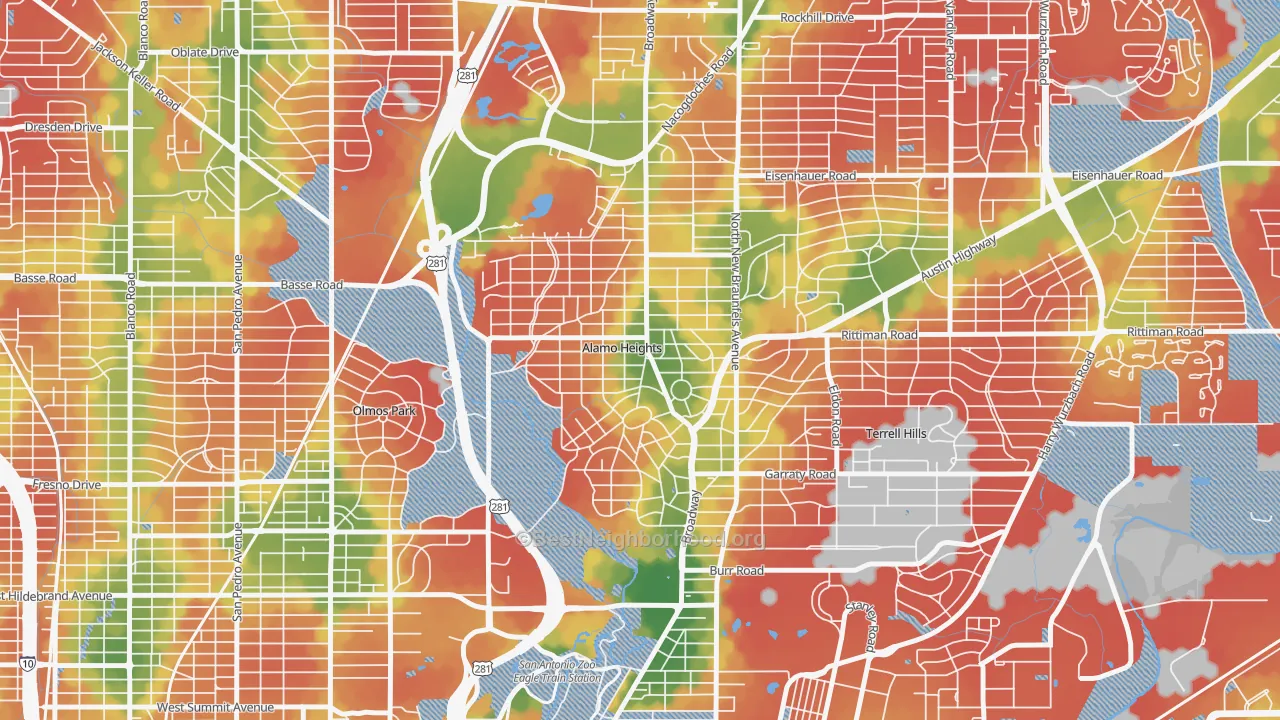 Walk Grade map of Alamo Heights, TX, walkable areas in green and car-dependent areas in red