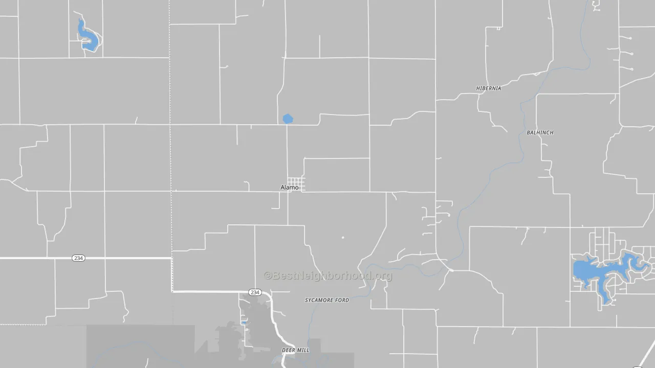 Walk Grade map of Alamo, IN, walkable areas in green and car-dependent areas in red
