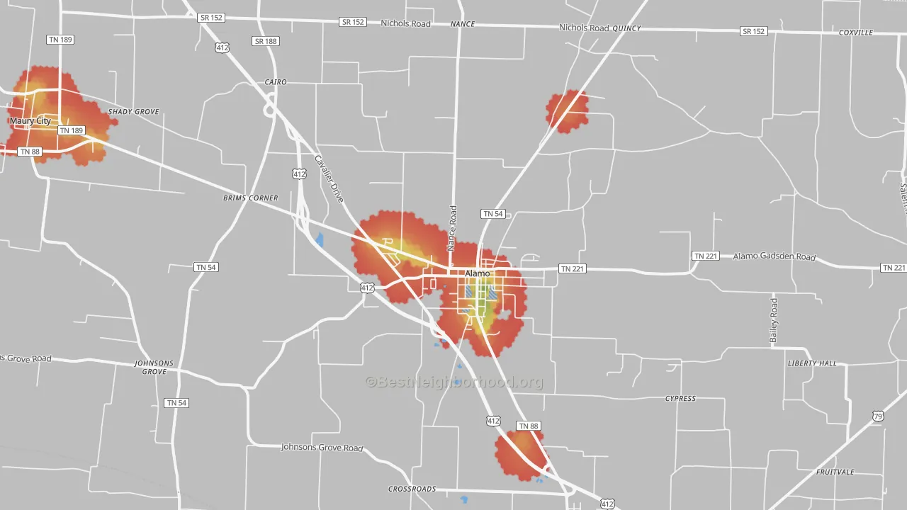 Walk Grade map of Alamo, TN, walkable areas in green and car-dependent areas in red