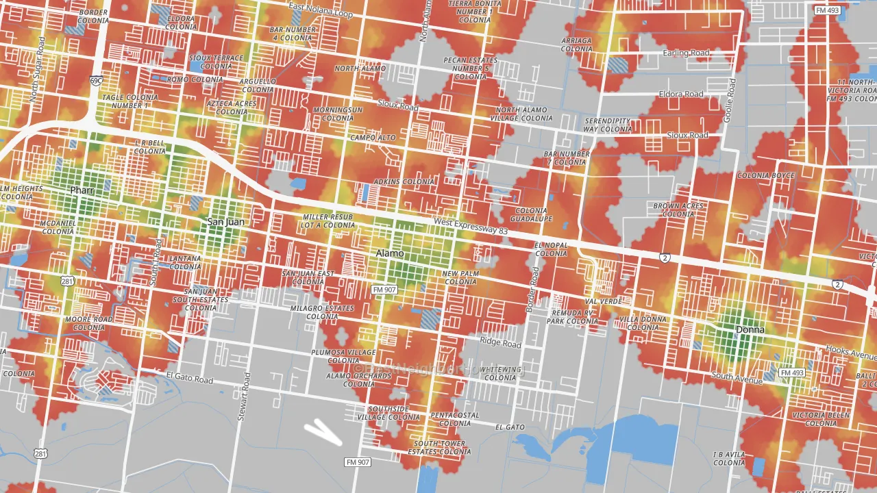 Walk Grade map of Alamo, TX, walkable areas in green and car-dependent areas in red