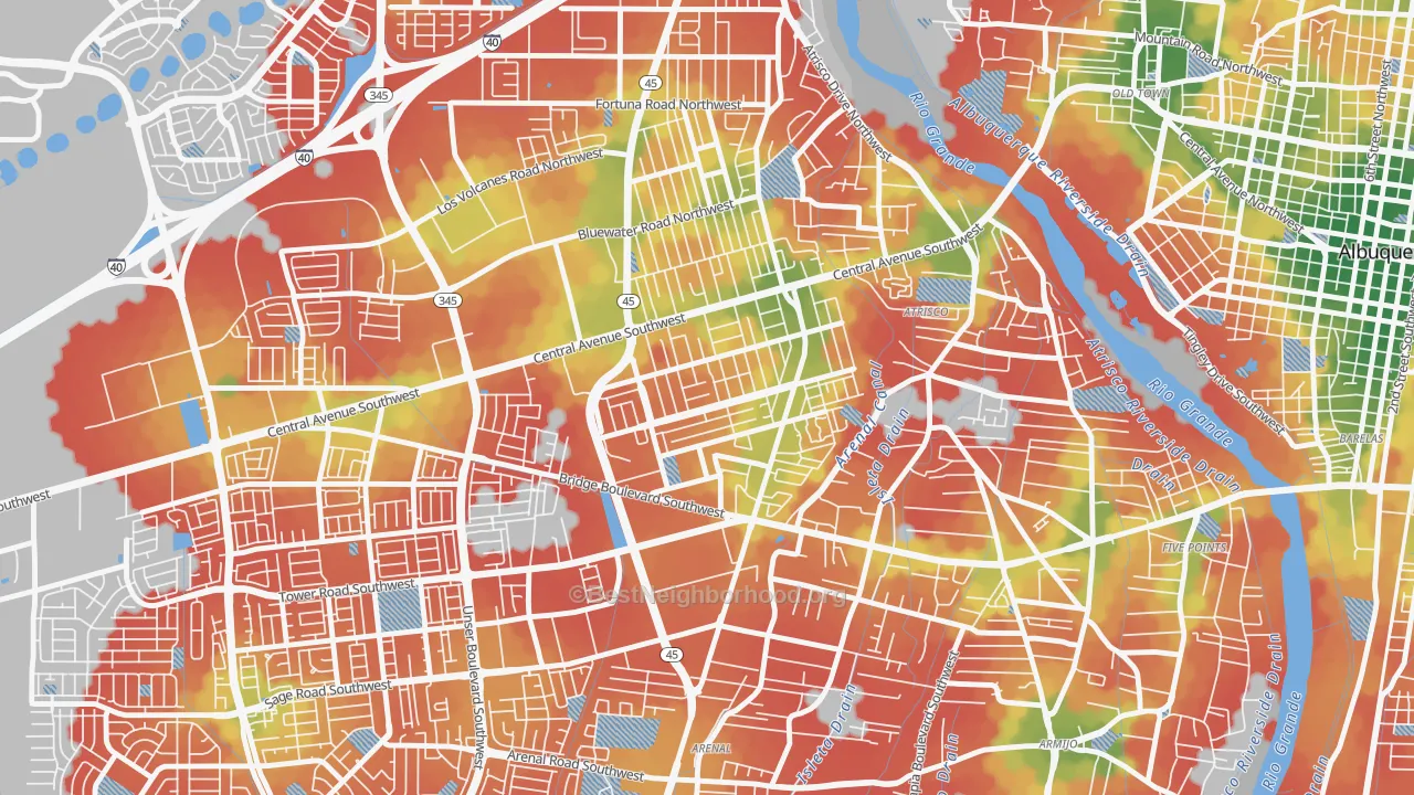 Walk Grade map of Alamosa, Albuquerque, NM, walkable areas in green and car-dependent areas in red
