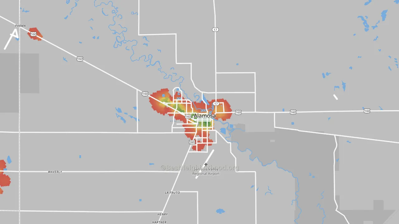 Walk Grade map of Alamosa, CO, walkable areas in green and car-dependent areas in red