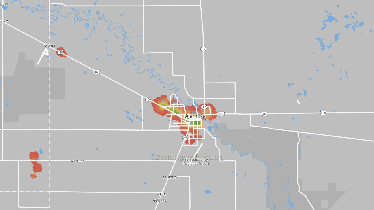Walk Grade map of Alamosa County, CO, walkable areas in green and car-dependent areas in red