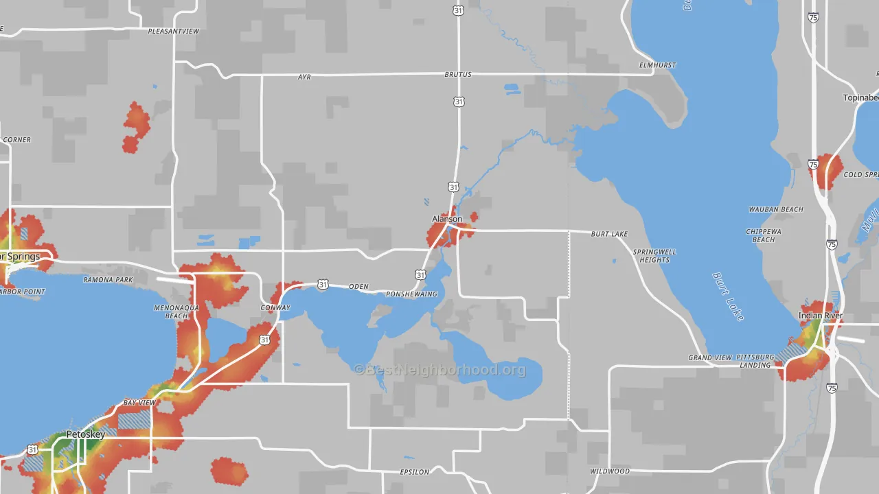 Walk Grade map of Alanson, MI, walkable areas in green and car-dependent areas in red