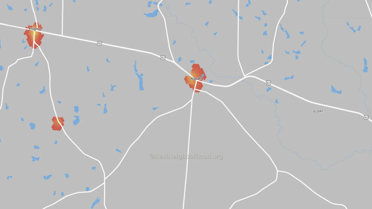 Walk Grade map of Alapaha, GA, walkable areas in green and car-dependent areas in red
