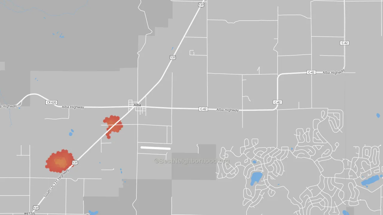 Walk Grade map of Alba, MI, walkable areas in green and car-dependent areas in red