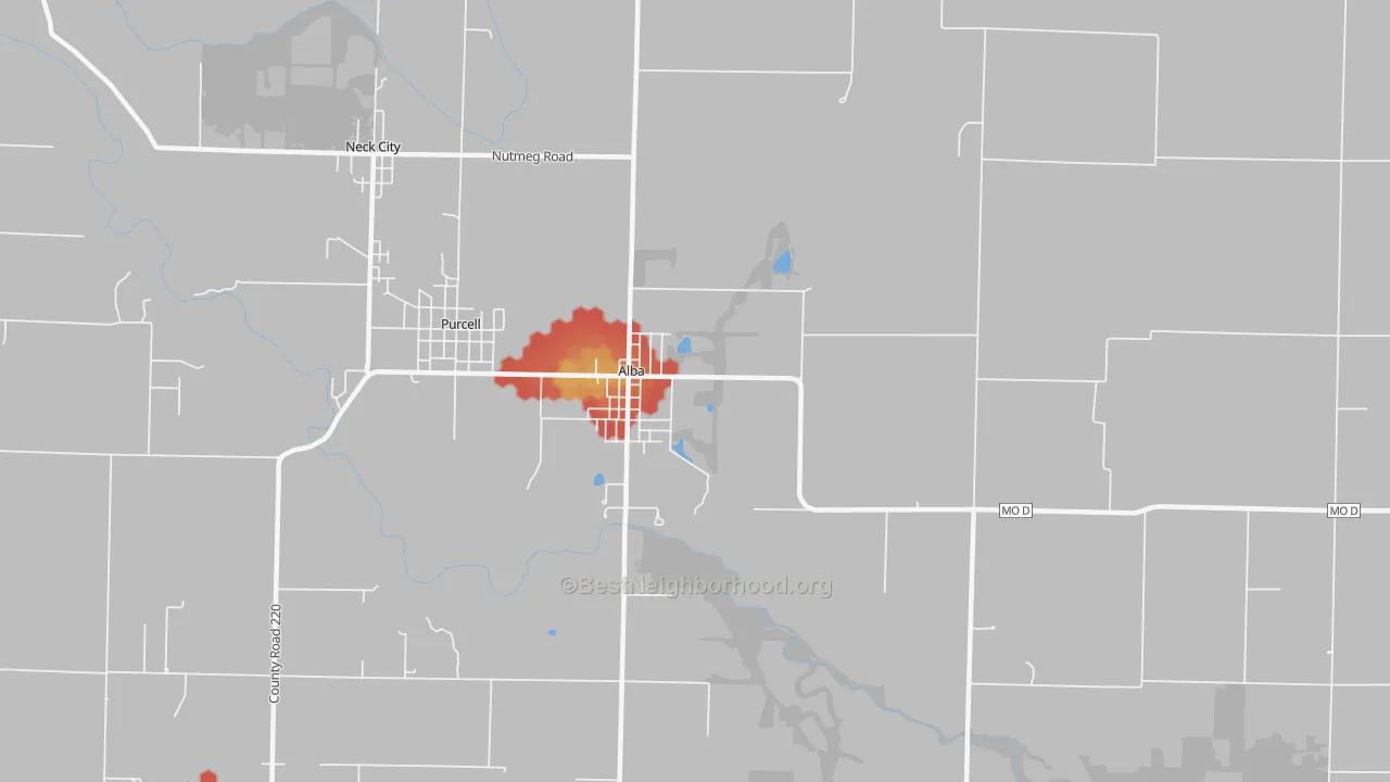 Walk Grade map of Alba, MO, walkable areas in green and car-dependent areas in red