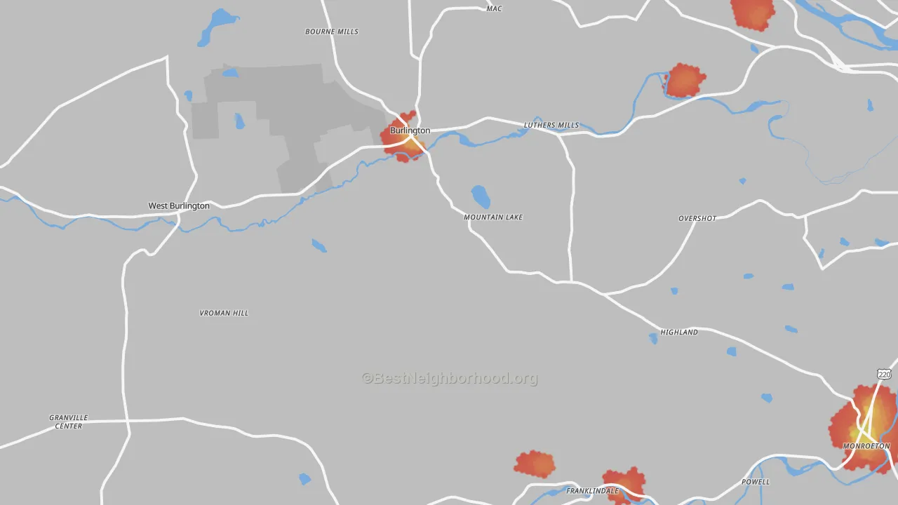 Walk Grade map of Alba, PA, walkable areas in green and car-dependent areas in red
