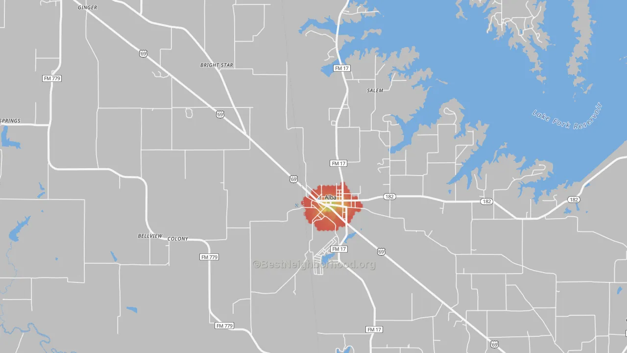Walk Grade map of Alba, TX, walkable areas in green and car-dependent areas in red