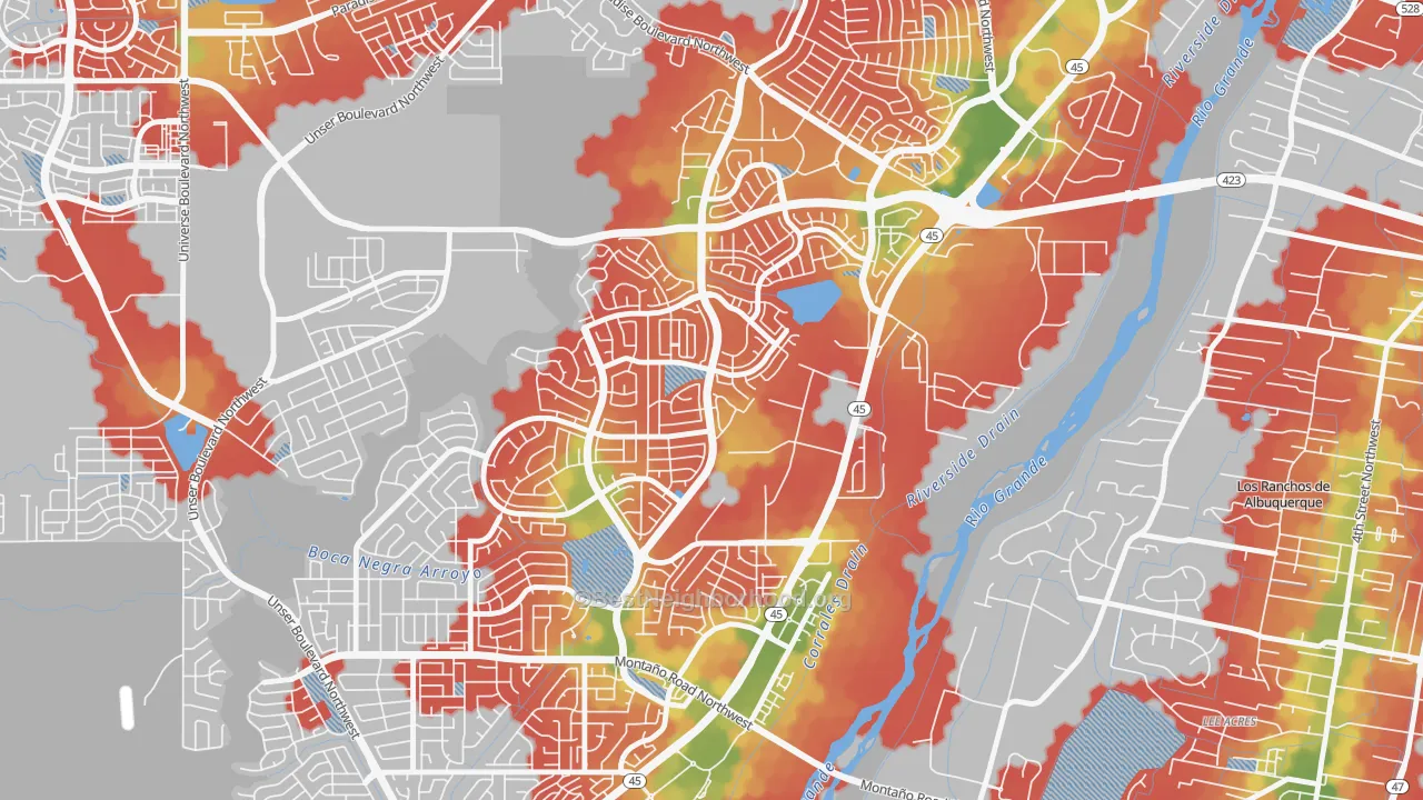 Walk Grade map of Alban Hills, Albuquerque, NM, walkable areas in green and car-dependent areas in red
