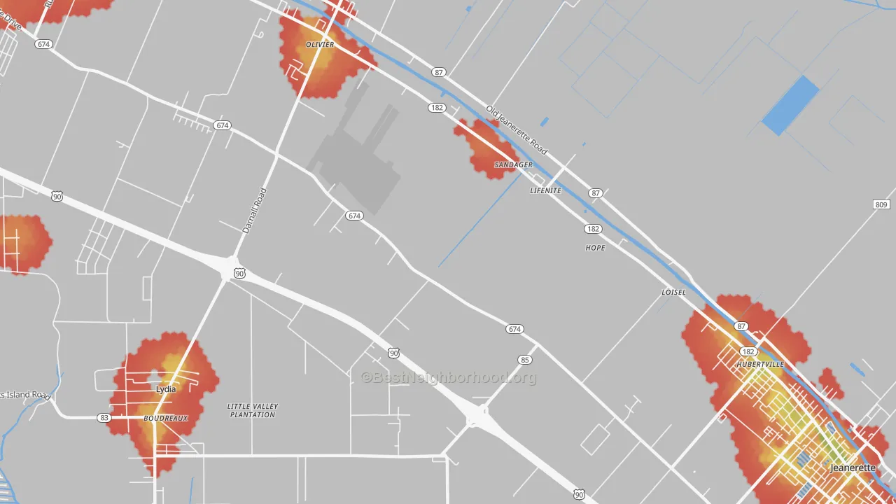 Walk Grade map of Albania, LA, walkable areas in green and car-dependent areas in red