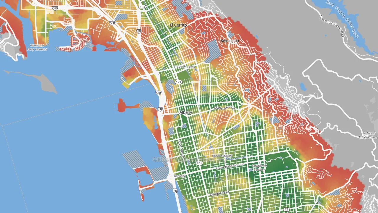 Walk Grade map of Albany, CA, walkable areas in green and car-dependent areas in red