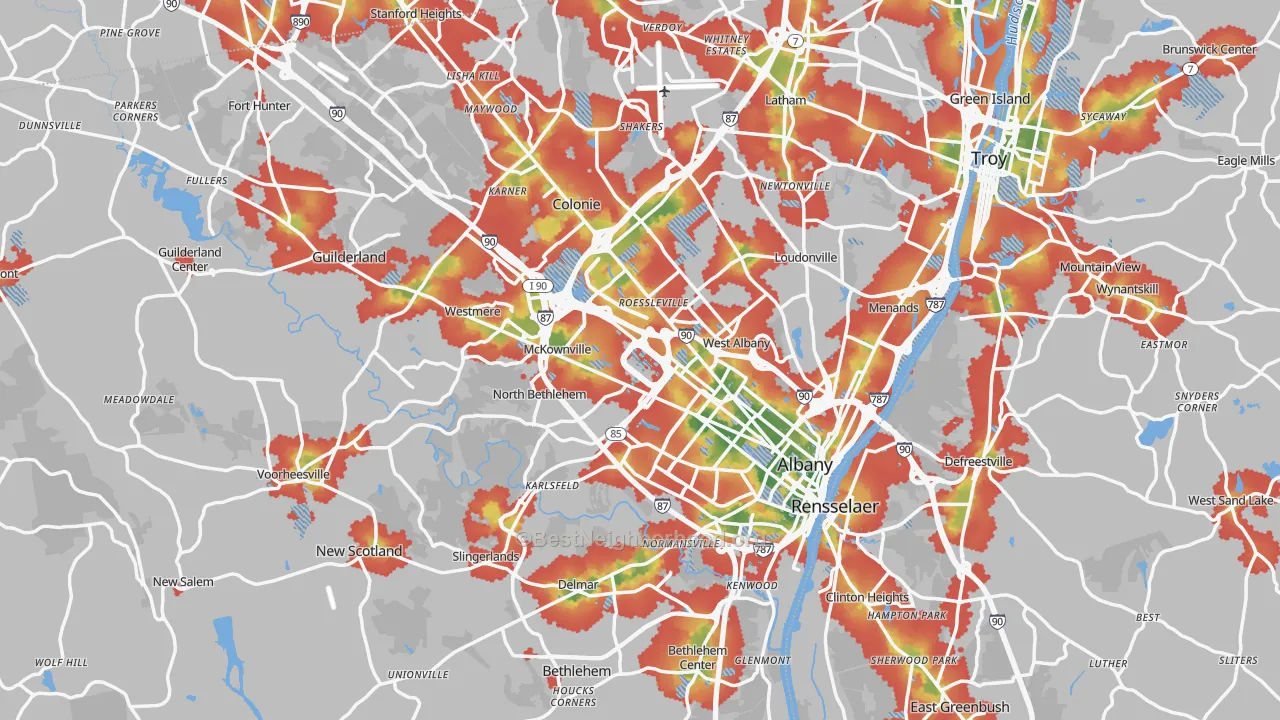 Walk Grade map of Albany County, NY, walkable areas in green and car-dependent areas in red