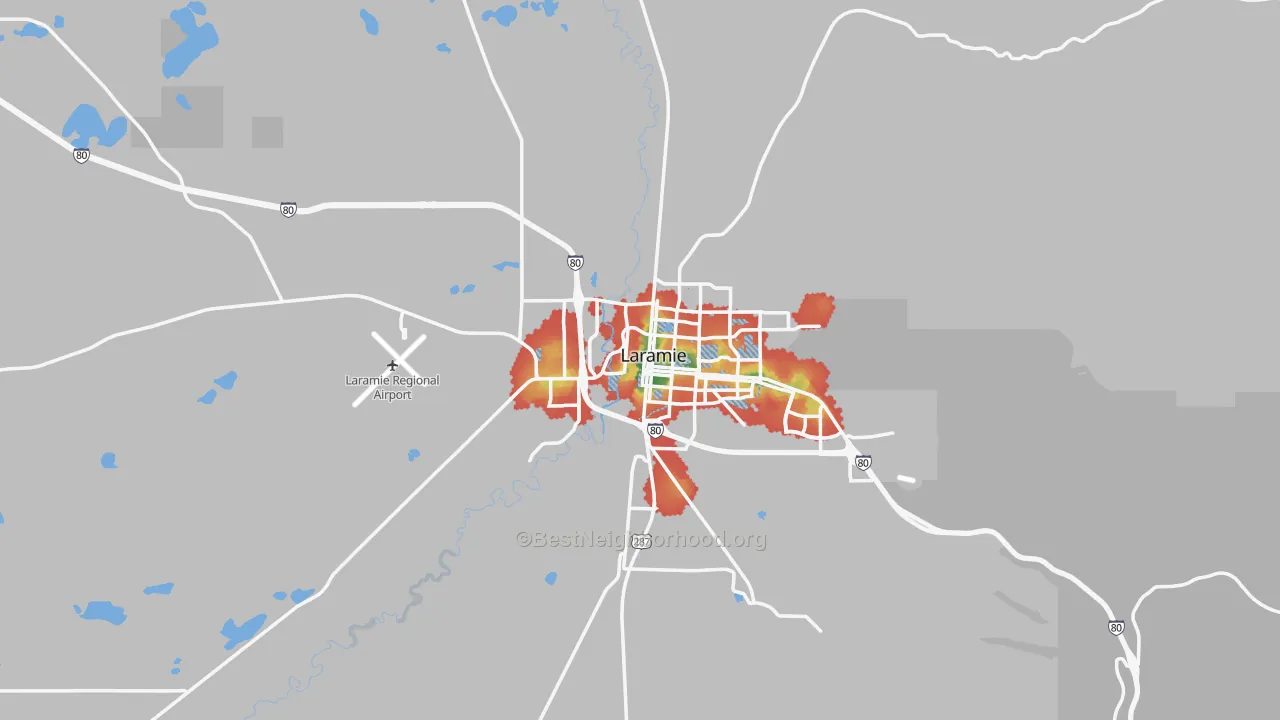 Walk Grade map of Albany County, WY, walkable areas in green and car-dependent areas in red